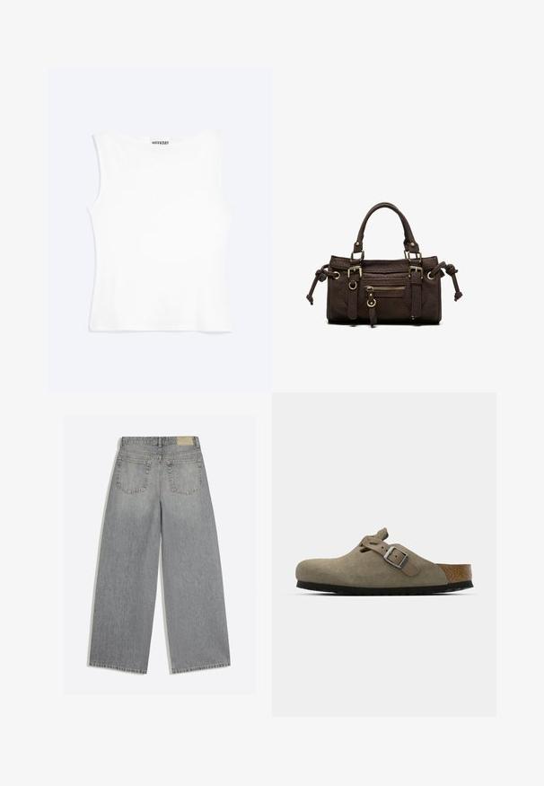 Débardeur blanc ajusté sans manches avec un col rond et un design minimaliste, étiqueté "WEEKDAY" à l'intérieur du col.; Jean en denim gris à jambes larges montrant l'arrière avec deux poches et des passants de ceinture, posé à plat sur fond blanc.; Sabots en velours côtelé vert olive clair avec une semelle en liège et en caoutchouc moulée. Dispose d'une sangle latérale avec une boucle en métal et d'un bout arrondi.; Sac à main en cuir marron foncé avec double poignée, poche avant zippée, boucles décoratives et nœuds latéraux sur fond blanc.