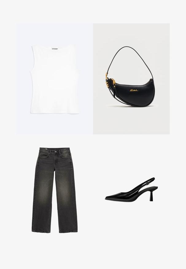 Débardeur blanc ajusté sans manches avec un col rond et un design minimaliste, étiqueté "WEEKDAY" à l'intérieur du col.; Jean noir à jambes larges avec détails délavés, bouton frontal, fermeture éclair et cinq poches, posé à plat sur fond blanc.; Escarpin slingback en cuir verni noir avec bout pointu, talon bloc de hauteur moyenne et bride réglable à boucle sur fond blanc.; Sac à main en cuir noir en forme de croissant avec une fermeture éclair dorée, une bandoulière réglable et un petit logo doré "Steve Madden" à l'avant.