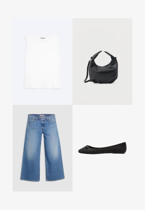 Hvid tætsiddende ærmeløs tanktop med rund halsudskæring og minimalistisk design, mærket "WEEKDAY" indeni kraven.; Lysblå vidde jeans lavet af denim, med høj talje, klassisk fem-lomme design og subtile falmning langs benene.; Sorte ruskind ballet flats med rund tå, prydet med en dekorativ sløjfe på forsiden og flad sål. Glat tekstur og klassisk form.; Sort flettet læderhåndtaske med kort håndtag og aftagelig skulderrem, vist mod en ensfarvet lys baggrund.