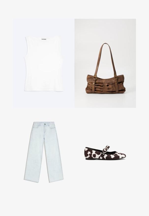 Hvid tætsiddende ærmeløs tanktop med rund halsudskæring og minimalistisk design, mærket "WEEKDAY" indeni kraven.; Lyseblå vidde-jeans med forreste knap og lynlås, bæltestropper og fem-lomme design, lagt fladt på hvid baggrund.; Ballet flade i hvid og brun ko-print pels, med en rund tå og en rem med en cirkulær spænde detalje. Flad sål.; Even&Odd Håndtasker - brown