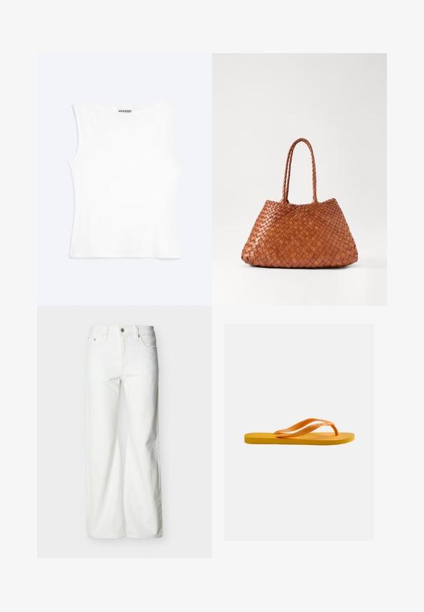 Wit nauwsluitend mouwloos tanktopje met een ronde halslijn en minimalistisch ontwerp, met het label "WEEKDAY" aan de binnenkant van de kraag.; Witte jeans met rechte pijpen en hoge taille, voorzien van een knoopsluiting aan de voorkant, rits, en zij- en achterzakken, tegen een effen lichte achtergrond.; Gele teenslipper met een gestructureerde zool en oranje rubberen bandjes tegen een effen lichtgrijze achtergrond.; DRAGON DIFFUSION SANTA CROCE BIG - Handtas - tan