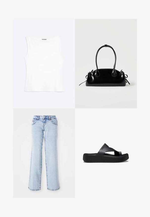 Weißes, ärmelloses, figurbetontes Tanktop mit rundem Ausschnitt und minimalistischem Design, innen am Kragen mit der Aufschrift „WEEKDAY“.; Helle blaue Denim-Jeans mit lockerer Passform, geraden Beinen und subtiler Ausbleichung. Verfügt über fünf Taschen und Gürtelschlaufen. Ausgefranster Saum. Coaches; Schwarze Plattform-Flip-Flops mit einer strukturierten Gummisohle, die ein Kreuzriemen-Design und eine matte Oberfläche aufweisen. Das Markenlogo ist dezent an der Seite angebracht.; Kleine schwarze glänzende Handtasche mit zwei langen Griffen und seitlichen Kordelzug-Details vor einfachem hellem Hintergrund.