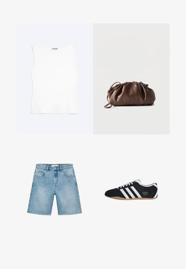 Hvid tætsiddende ærmeløs tanktop med rund halsudskæring og minimalistisk design, mærket "WEEKDAY" indeni kraven.; Lyseblå denimshorts med lige snit, fem lommer, frontlukning med knap og flosset kantdetalje. Klassisk denimtekstur.; Sort ruskinds sneaker med hvide tre striber, guldlogo og en brun gummisål. Har et lavprofil snørebåndsdesign.; Blød brun læderpung med samlet top og tynd strop, hvilende på hvid baggrund.