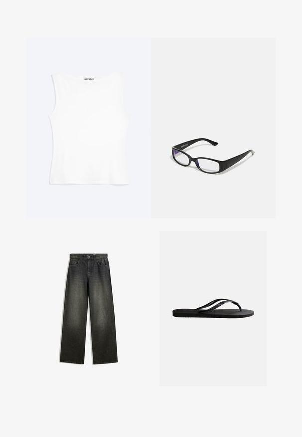 Hvid tætsiddende ærmeløs tanktop med rund halsudskæring og minimalistisk design, mærket "WEEKDAY" indeni kraven.; Bredde ben jeans i mørkegrå denim med en falmet finish, fem-lomme design og en knaplukning i taljen.; Sort gummiflip-flop sandal med tekstureret fodseng og tynde Y-formede remme på en ensartet hvid baggrund.; Sorte rektangulære briller med klare linser. Blank finish, smalle stænger, og lilla nuance synlig i kanterne af linsen.