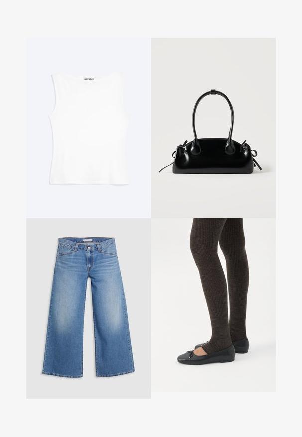 Hvid tætsiddende ærmeløs tanktop med rund halsudskæring og minimalistisk design, mærket "WEEKDAY" indeni kraven.; Lysblå vidde jeans lavet af denim, med høj talje, klassisk fem-lomme design og subtile falmning langs benene.; Ben iført mørke ribbede leggings kombineret med sorte balletsko med små sløjfedetaljer på hvid baggrund.; Lille sort blank håndtaske med to lange håndtag og snøre-detaljer i siden på en ensfarvet lys baggrund.