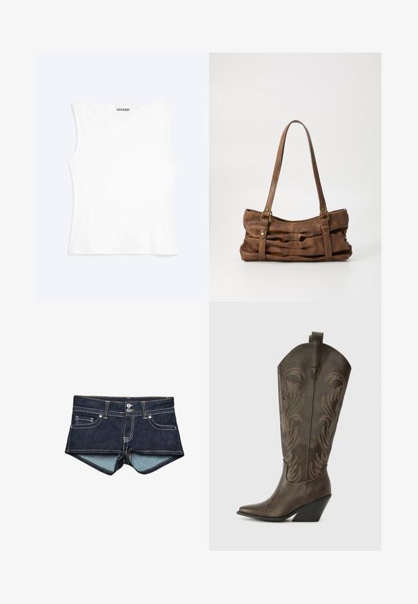 Hvid tætsiddende ærmeløs tanktop med rund halsudskæring og minimalistisk design, mærket "WEEKDAY" indeni kraven.; Denim shorts i mørkeblå med lyseblå indvendig foring, med forlommer, to knapper og kontrastsyning på taljen.; Brune læder cowboystøvle med spids tå, kilehæl og dekorativ broderi. Har en høj stok og en trækflap.; Even&Odd by Zalando Håndtasker - brown