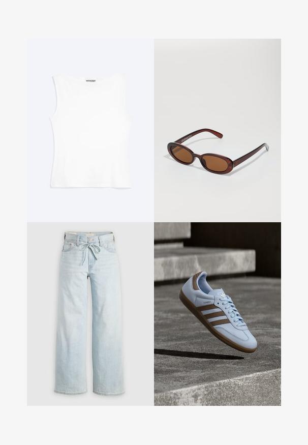 Hvid tætsiddende ærmeløs tanktop med rund halsudskæring og minimalistisk design, mærket "WEEKDAY" indeni kraven.; Lysblå vide jeans med bindebånd fortil, klassisk fem-lomme design og subtile falmede detaljer ved benene. Denim materiale.; Lyseblå sneakers med brune ruskindsdetaljer, tre laterale striber, flade snørebånd og en tekstureret gummisål. Mærkelogo på tungen.; Runde, bruntonede solbriller med en glansfuld bordeauxramme. Slanke arme med diskret brandingdetalje. Flad linsedesign.