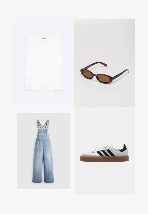 Wit nauwsluitend mouwloos tanktopje met een ronde halslijn en minimalistisch ontwerp, met het label "WEEKDAY" aan de binnenkant van de kraag.; Lichtblauwe denim overall met wide benen, verstelbare schouderbanden, een voorzak en metalen knopen aan de zijkanten. Klassieke stijl met een ontspannen pasvorm.; Witte leren sneakers met zwarte strepen, gumrubberen buitenzool, ronde neus, vetersluiting en een zachte grijze suède neuskap.; Ronde, bruin getinte zonnebril met een glanzend bordeauxrood frame. Slanke pootjes met subtiele merkdetails. Vlakke lensontwerp.