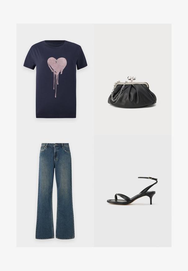 Camiseta de algodón azul marino con diseño de corazón goteante en color rosa. Mangas cortas y cuello redondo. Textura de tela suave.; Jeans de denim de pierna ancha en azul medio con un acabado desgastado. Presenta cinco bolsillos, trabillas para el cinturón y un cierre de botón metálico. Tejido de algodón.; Sandalia negra de cuero para mujer con tiras finas, un lazo para el dedo del pie, hebilla en el tobillo y tacón de aguja de altura media sobre un fondo neutro.; Clutch de cuero negro con textura arrugada, marco de metal en tono plateado, cierre de beso y cadena para colgar. Superficie suave y lisa.
