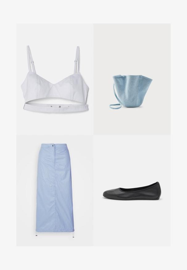 Lysegrå crop bra med justerbare stropper, en struktureret krop og en trykknaplukning i bunden for en sikker pasform.; Lyseblå, mellemlang nederdel lavet af glat, let materiale med lige snit, har en frontknaplukning og en justerbar kant.; Sort læderballetsko med rund tå, glat tekstur, minimal syning og et fleksibelt såldesign.; Lyseblå stofhåndtaske med lang strop, bred åbning øverst og stikninger i lodrette sømme, sat mod en ensfarvet hvid baggrund.