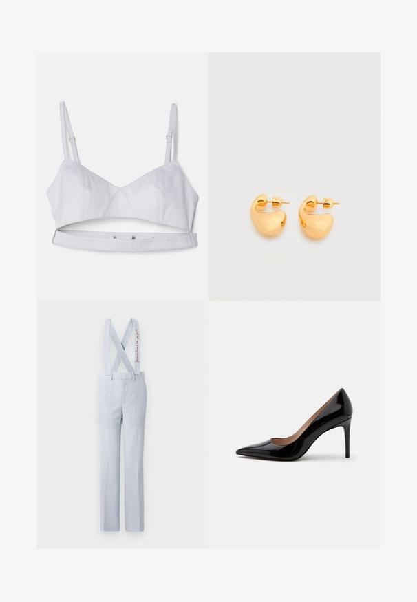Lysegrå crop bra med justerbare stropper, en struktureret krop og en trykknaplukning i bunden for en sikker pasform.; Lyseblå bukser med justerbare X-formede seler, der har en knappet talje og subtile broderede detaljer. Glat stofstruktur.; Sort laklæder pumps med høje hæle, spids snude og stilethæl, vist i sideprofil på en ensfarvet hvid baggrund.; Par af små, robuste ørestikker i guldfarvet metal med glatte, buede, abstrakte former på en lys baggrund.