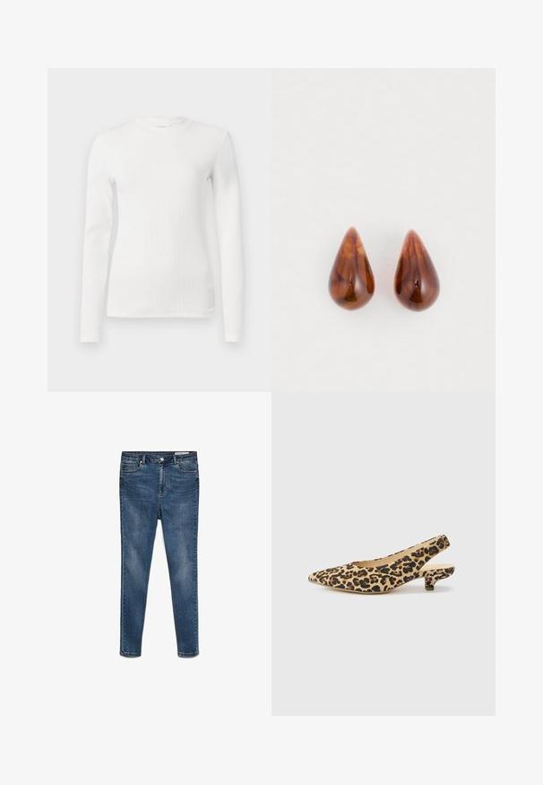 Witte ribgebreide top met lange mouwen, een ronde halslijn en een getailleerd ontwerp. Soepele textuur, minimale details en rekbaar materiaal.; Donkerblauwe denim skinny jeans met een broekhoogte van gemiddelde lengte, vijf zakken en subtiele vervaging. Voorzien van een knoop- en ritssluiting.; Slingback hakken met luipaardprint, een beige basis en donkerbruine vlekken, voorzien van een kleine blokhak en een zachte textuur.; Een paar glanzende bruine druppelvormige oorbellen met subtiele donkerdere patronen op een witte achtergrond.
