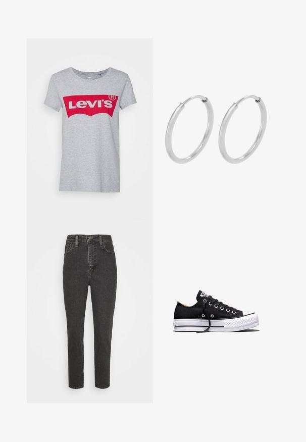 Grå bomulds t-shirt med et stort rødt Levi's-logo på tværs af brystet, med en klassisk rund halsudskæring og korte ærmer.; Højtaljede sorte denim jeans med slim fit, der har en knaplukning, bælteløkker og klassisk fem-lomme-design.; Sort lavt sneakers i lærred med hvid sål i gummi, sorte snørebånd og metaløjer på hvid baggrund.; Sølv hoops øreringe, cirkulær form, glat skinnende tekstur og ensartet bredde hele vejen igennem. Minimalistisk design uden yderligere accenter.