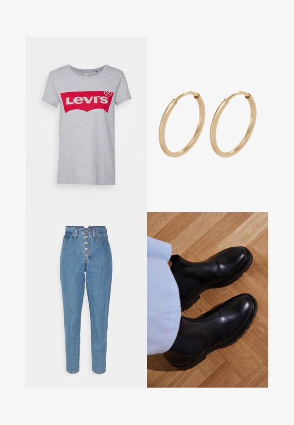 Grå bomulds t-shirt med et stort rødt Levi's-logo på tværs af brystet, med en klassisk rund halsudskæring og korte ærmer.; Blå højtaljede denimjeans med lige ben, femknaps frontlukning og klassiske syninger.; Sorte ankelstøvler lavet af glat læder med elastiske sidepaneler, en tekstureret gummisål og kontraststing langs kanten.; Guldøreringe med en glat, poleret overflade. Rund form, mellemstor, med en sikker lukkemekanisme.