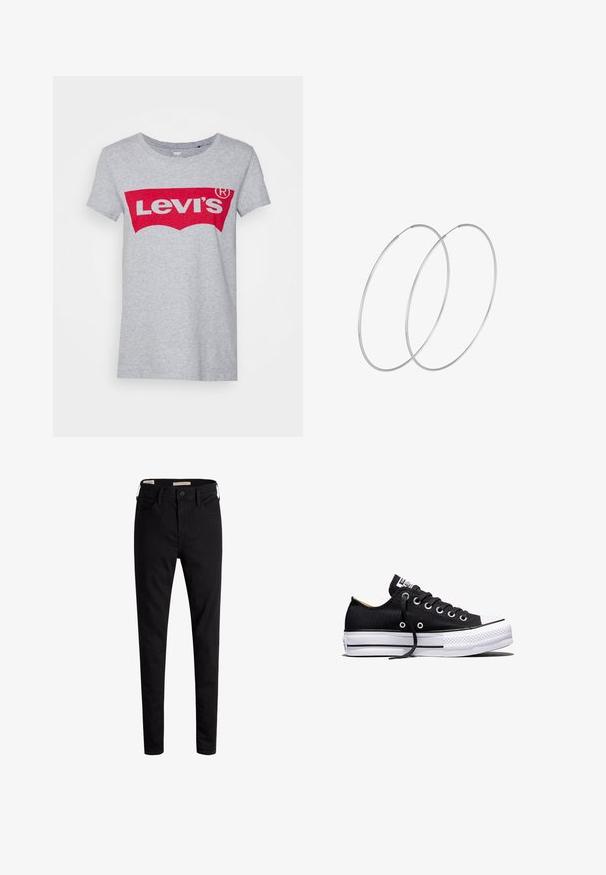 T-shirt en coton gris avec un grand logo rouge Levi's sur la poitrine, doté d'un col rond classique et de manches courtes.; Jean skinny noir taille haute avec bouton à l'avant et poches, présenté sur un fond blanc.; Baskets basses en toile noire avec semelle plateforme en caoutchouc blanche, lacets noirs et œillets métalliques sur fond blanc.; Boucles d'oreilles en argent au design minimaliste. Forme circulaire, texture lisse et profil fin. Légères avec une finition polie.