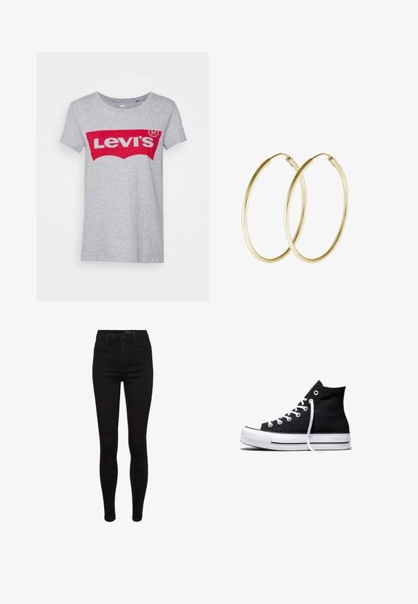 T-shirt en coton gris avec un grand logo rouge Levi's sur la poitrine, doté d'un col rond classique et de manches courtes.; Jean skinny en denim noir avec une taille haute, design à cinq poches, passants de ceinture et détails de couture subtils. Texture lisse, forme ajustée.; Baskets montantes en toile noire avec semelle en caoutchouc blanche et lacets blancs, vues de côté sur un fond blanc.; Boucles d'oreilles en or en forme de cerceau, présentant un design lisse et rond avec une finition brillante. Construction légère avec un fermoir sécurisé.