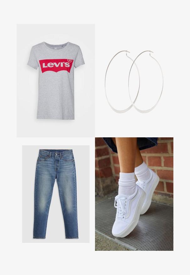 Grå bomulds t-shirt med et stort rødt Levi's-logo på tværs af brystet, med en klassisk rund halsudskæring og korte ærmer.; Lyseblå denim jeans med lige pasform, fem lommer, knaplukning og diskret falming på lårene. Kontraststing er synlige.; Hvide lærreds sneakers med gummisåler, der har seks snørehuller, rund tå og let sømdetaljer, krydret med hvide ankelstrømper.; Sølv hoops øreringe med et tyndt, glat design; langstrakt oval form; poleret finish; har en sikker krog lukning.