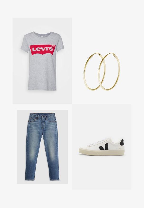 Grauer Baumwoll-T-Shirt mit einem großen roten Levi's-Logo über der Brust, klassischem Rundhals und kurzen Ärmeln.; Hellblaue Denim-Jeans mit geradem Schnitt, fünf Taschen, Knopfverschluss und dezenten Ausbleichungen an den Oberschenkeln. Sichtbare Kontrastnähte.; Weißes Leder-Sneaker mit schwarzem Gummi-V-Logo. Strukturierte cremefarbene Sohle, weiße Schnürsenkel und Fersendetail in Schwarz mit dem Markennamen.; Goldene Creolen mit einem glatten, abgerundeten Design und einem glänzenden Finish. Leichte Bauweise mit einem sicheren Verschluss.