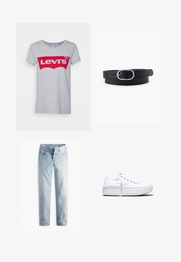 Grauer Baumwoll-T-Shirt mit einem großen roten Levi's-Logo über der Brust, klassischem Rundhals und kurzen Ärmeln.; Hellblaue Jeans aus Denim mit geradem Bein, fünf Taschen und Metallknöpfen am Standardbund.; Weißer Canvas-Sneaker mit niedrigem Schnitt, dicker Plateau-Sohle, vorderer Schnürung und rauer Gummikappe an der Spitze, aus seitlicher Ansicht gezeigt.; Schwarzer Leder Gürtel mit glatter Textur, ovaler silberner Metallschnalle und mehreren Einstelllöchern entlang des Riemens. Flaches, minimalistisches Design.
