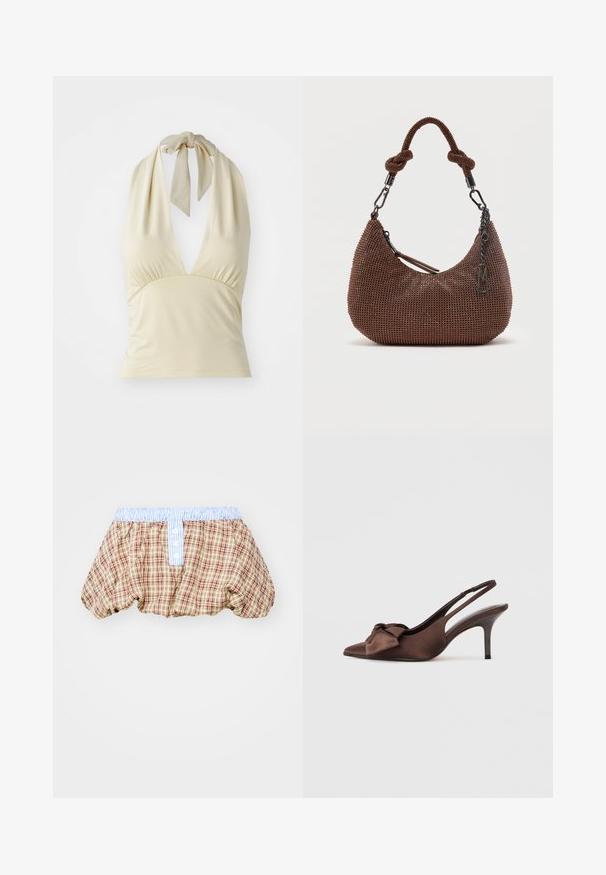 Top halter de color beige claro con escote en V profundo, detalles fruncidos en el busto y una tira de cuello atada. Fabricado en una tela suave y elástica.; Pantalones cortos abullonados a cuadros en marrón, beige y rojo, con una cinturilla de rayas azul claro y detalles de botones en la parte delantera.; Zapato de tacón alto con tira trasera de raso marrón, punta puntiaguda y detalle de lazo en la parte frontal. Presenta una silueta elegante y tacón delgado.; Pequeño bolso marrón en forma de media luna, con cuentas, asa anudada, cierre de cremallera y colgante metálico con el logo.