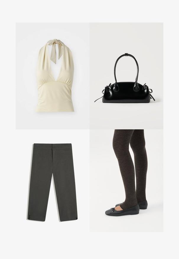 Haut halter beige clair avec un décolleté en V profond, des fronces au niveau de la poitrine et une bride à nouer au cou. Fabriqué en tissu doux et extensible.; Pantalon droit gris foncé avec fentes latérales en bas, ceinture plate devant et surpiqûres discrètes, présenté à plat sur fond blanc.; Jambes portant des leggings côtelés foncés associés à des ballerines noires avec de petits détails en nœud sur fond blanc.; Petit sac à main noir brillant avec deux longues anses et des détails à cordon sur les côtés sur un fond clair uni.