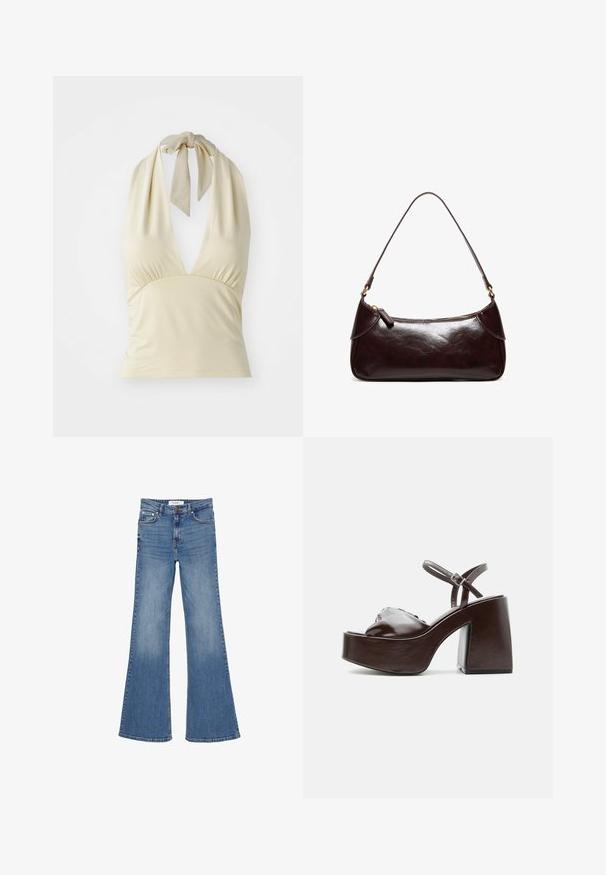 Haut halter beige clair avec un décolleté en V profond, des fronces au niveau de la poitrine et une bride à nouer au cou. Fabriqué en tissu doux et extensible.; Jean en denim bleu taille haute avec jambes évasées, fermeture par bouton et zip, poches avant et arrière, présenté sur un fond blanc.; Sandale plateforme en cuir marron foncé avec talon bloc épais, bout ouvert et bride réglable à la cheville avec boucle métallique.; Sac à bandoulière en cuir marron foncé avec une seule sangle et une fermeture éclair, forme rectangulaire avec des bords arrondis sur fond blanc.