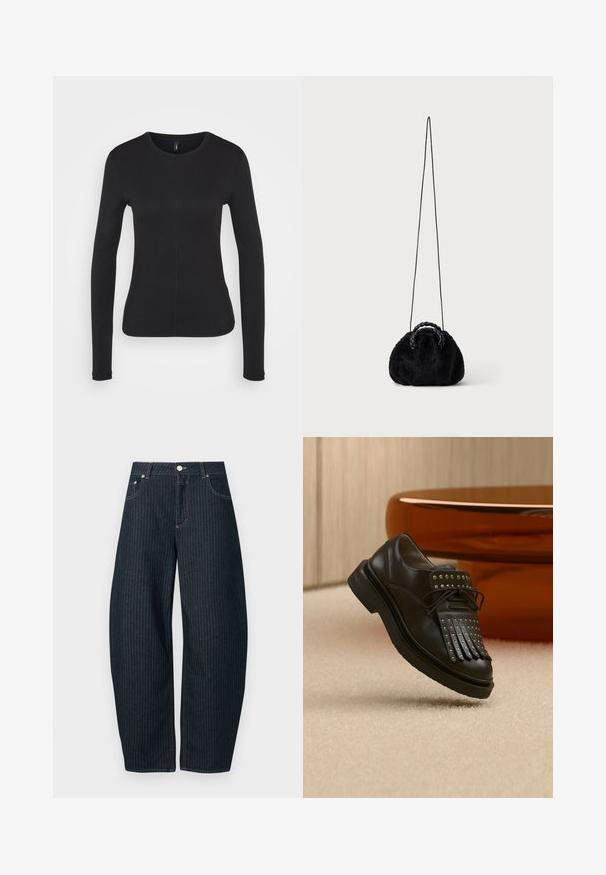 Zwarte langemouwen shirt van zachte stof. Heeft een ronde hals, slim fit en details met een middennaad. Geen zichtbare logo's of patronen.; CLOSED JAZZIE - Relaxed fit jeans - dark blue; Zwarte lederen veterlaars met decoratieve franjes en metalen studs geplaatst op een beige tapijt nabij bruin meubilair.; Kleine zwarte handtas van namaakbont met gevlochten bovenhandvatten en lange dunne schouderriem op een effen achtergrond.