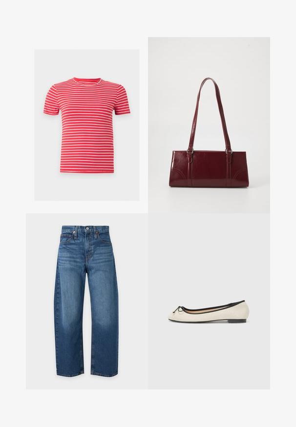 T-shirt rouge à manches courtes avec fines rayures horizontales blanches et col rond, présenté sur un fond gris clair uni.; Jean bleu taille haute à jambes droites avec poches avant et arrière, fermeture par boutons et passants de ceinture sur fond clair.; Ballerine en textile beige avec une bordure noire. Affiche un bout arrondi et un petit nœud en accent sur le devant. Semelle basse.; Sac à main bordeaux en matériau brillant, de forme rectangulaire, avec deux anses et des accents légèrement courbés à l'avant.