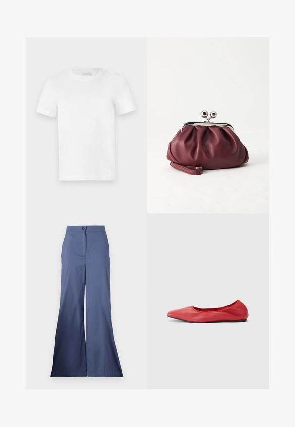 Camiseta blanca de algodón con escote redondo y mangas cortas. Textura suave sin patrones o detalles visibles. Diseño simple y sin adornos.; Pantalones de pierna ancha azul marino, confeccionados en una tela suave, con cierre frontal de botón y líneas limpias, con un ajuste entallado en toda su extensión.; Filippa K REY FLATS - Bailarinas - bright red; Pequeño bolso de mano de cuero burdeos con cierre metálico plateado y correa de muñeca sobre un fondo blanco.