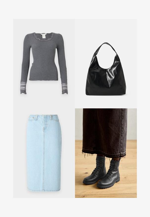 Sivý dlhý rukáv s rebrovaným povrchom, so zapínaním na scalloped výstrihu a manžetami zdobenými čipkou, s textúrovaným vzorom.; Svetlomodrá denim sukňa v strihu ceruzky s vysokým pásom, dizajnom s piatimi vreckami a jemnými švovými detailmi.; Čierne kožené šnurovacie boots s textúrovaným povrchom, strednej výšky po lýtka, zaoblenou špičkou a drsnou podrážkou, skombinované s tmavou, rozstrapkanou džínsovou sukňou.; Čierna kožená hobo taška s jemnou, lesklou textúrou a zaobleným, otvoreným vrchom. Obsahuje široký, zakrivený popruh na nosenie. Žiadne viditeľné kovanie.