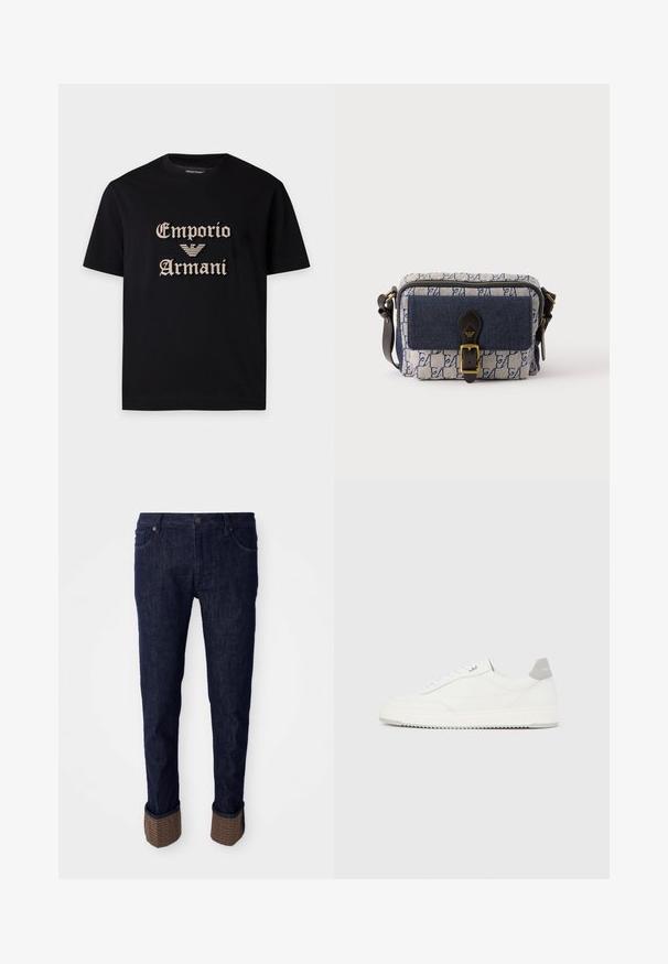 Čierne tričko s krátkym rukávom a béžovým textom "Emporio Armani" a vyšívaným logom orla v prednej strede.; Tmavomodré denimové nohavice so sviežim strihom, s rolovanými manžetami z textúrovaného hnedého materiálu s logom. Štandardný dizajn s piatimi vreckami.; Biela nízka teniska so sivým pätovým pásikom, bielymi šnúrkami a členitou podrážkou, zobrazená na jednoduchom svetlom pozadí.; Malá obdĺžniková modro-biela vzorovaná crossbody taška s predným námorníckym vreckom, čiernym koženým remienkom na pracku a nastaviteľným ramenným popruhom.