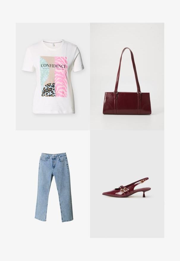 T-shirt blanc à manches courtes avec un bloc imprimé animalier multicolore et le mot « CONFIANCE » en texte noir sur la poitrine.; Jean en denim bleu clair avec une coupe droite, style cinq poches et une étiquette à la taille. Présente des zones décolorées pour ajouter une texture.; Chaussure slingback en cuir verni bordeaux avec un bout pointu, deux brides plates avec des boucles dorées, et un petit talon.; Sac à main bordeaux en matériau brillant, de forme rectangulaire, avec deux anses et des accents légèrement courbés à l'avant.
