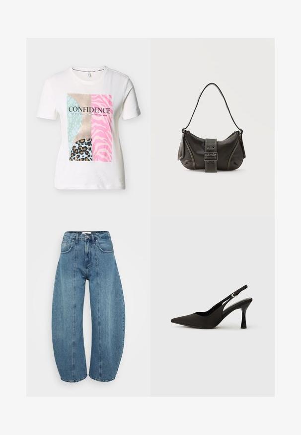 Camiseta blanca de manga corta con un bloque de estampado animal multicolor y la palabra "CONFIANZA" en texto negro en el pecho.; Vaqueros de tiro alto en azul claro, fabricados en denim, con corte de pata ancha, cinco bolsillos y detalles de costura. Textura suave con un acabado limpio.; Zapatos de tacón negro tipo slingback con puntera afilada, acabado mate suave y un tacón delgado y brillante. Correa ajustable con detalle de hebilla pequeña.; Bolso de hombro de cuero negro con detalle de correa con hebilla, bordes curvos y costuras blancas en contraste sobre un fondo liso.