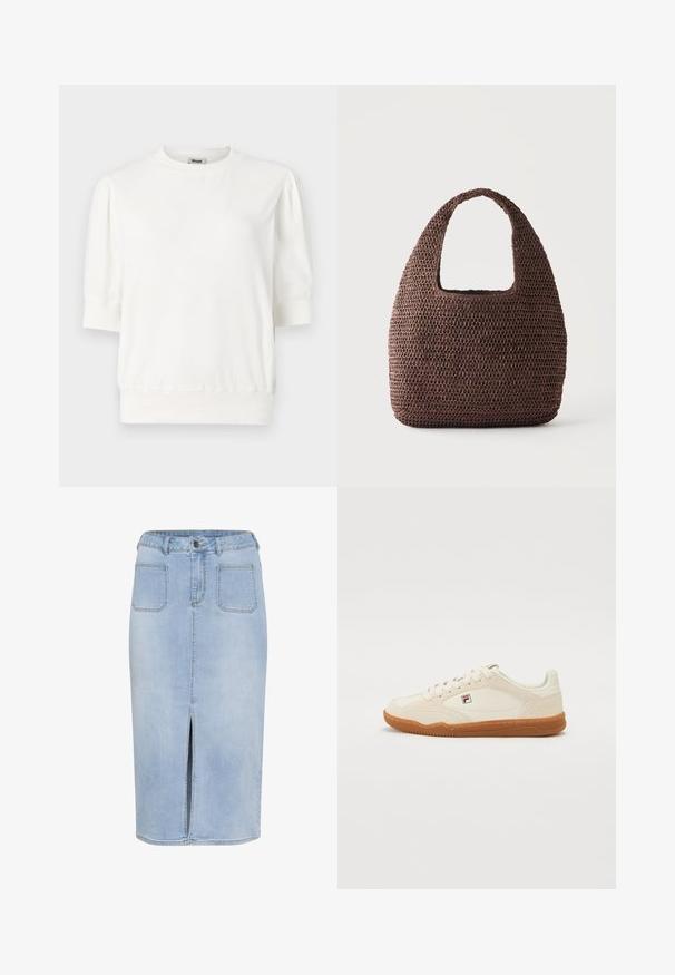 Hvid kortærmet pullover med rund hals, samlet ærmer og en tætsiddende talje. Lavet af blødt stof.; Lys blå denim midi-nederdel med en forkortet slids, fem lommer og en tætsiddende talje med bæltestropper og knaplukning.; Hvide sneakers med en ruskindsoverflade, gummisål og syede detaljer. Har snørebåndsdesign og et lille logo på siden.; Brun hæklet tote-taske med bred hank og afrundet rektangulær form på ensfarvet lyse baggrund.