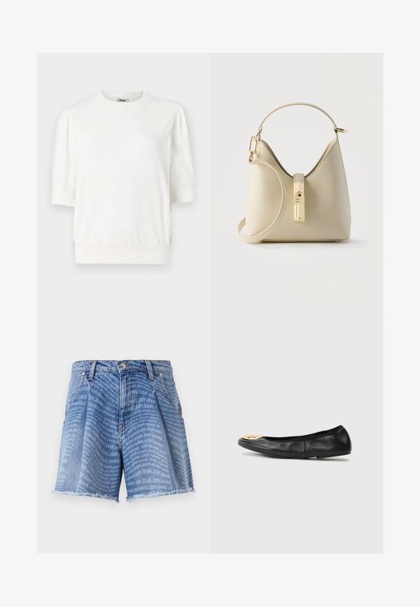 Hvid kortærmet pullover med rund hals, samlet ærmer og en tætsiddende talje. Lavet af blødt stof.; Lysblå denimshorts med en falmet vask, der har et gentaget "JOOP! JEANS" print over det hele. Den frynsede kant tilføjer tekstur.; Sort læderballetflad med en rund tå, der har en gylden hardwareaccent på tåen, glat tekstur og fleksibel sål.; Lille beige taske med struktureret overflade, guldlås, top håndtag og aftagelig skulderrem på ensfarvet baggrund.