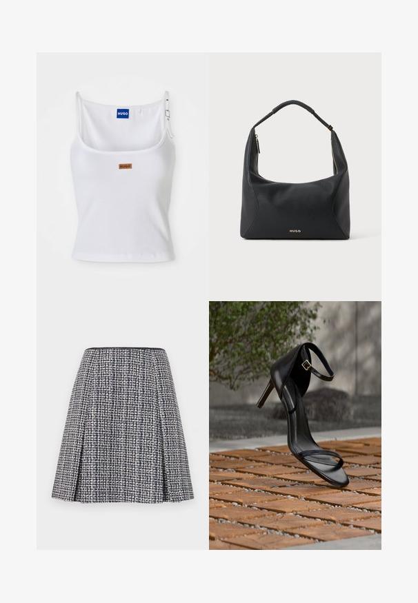 Hvid ribbet tanktop med justerbare stropper, der har et blåt logo-label og et lille brunt tag, fremstillet af blødt, strækbart materiale.; Marineblå tweednederdel med et struktureret mønster, flagrende silhuet og plisseringer. Livremmen er sort, hvilket fremhæver nederdelens design.; Sort højhælet sandal med ankelsnor, der ser ud til at svæve over et trægulv udendørs med sløret grønt og sten i baggrunden.; Sort skuldertaske i læder med flettet hank, guldlåsdetalje og lille gyldent "HUGO"-logo på fronten midt.