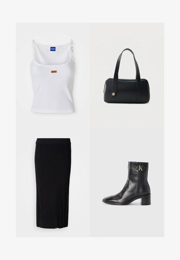 Hvid ribbet tanktop med justerbare stropper, der har et blåt logo-label og et lille brunt tag, fremstillet af blødt, strækbart materiale.; Sort strikket midi-nederdel med ribbet struktur og diamantmønster samt en sideslids. Blødt materiale med en tætsiddende talje.; Sort læder ankelstøvle med spids tå, blokhæl og en rem med en metallisk logo detalje. Glat tekstur og minimalistisk design.; Sort rektangulær læderhåndtaske med to lange håndtag og et lille gyldent logo på den forreste rem, sat mod en ensfarvet baggrund.