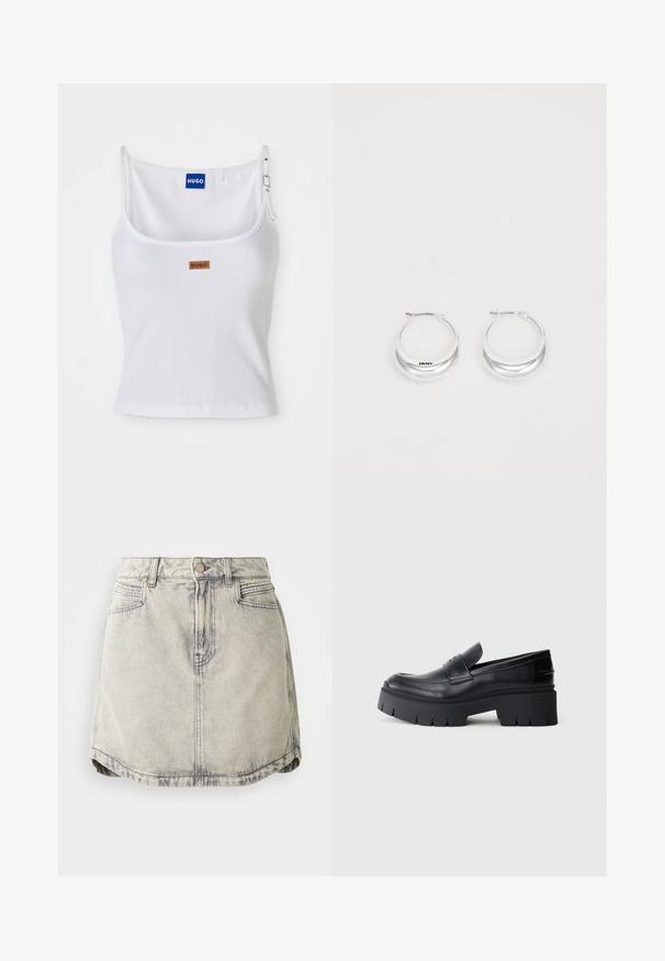 Valge nööriga tank top reguleeritavate rihmadega, millel on sinine logo silt ja väike pruun silt, valmistatud pehmest ja venivast materjalist.; Heledest hallist denimpüks, millel on kulunud tekstuur, nööbiga vöökoht, ees olevad taskud ja kergelt kõver hem.; Must jaotusega platvormi loafer, millel on sile nahaülemine, dekoratiivne rihm ja paks tekstureeritud tald valgel taustal.; Hõbedased rõngastekäevõrud poleeritud viimistlusega ja DKNY brändimisega, esitatud lihtsa valge tausta ees.