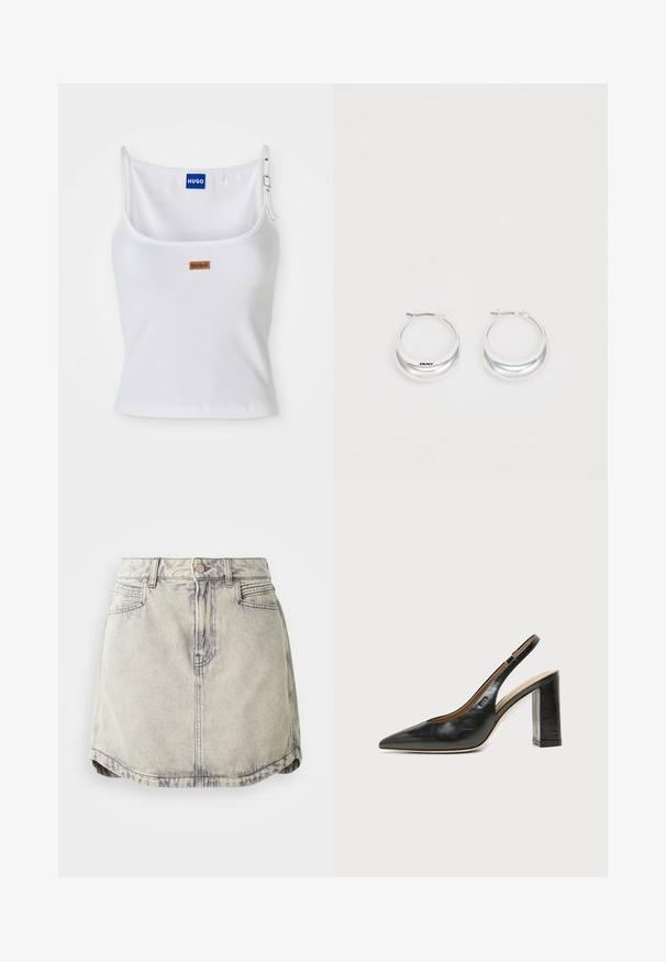 Camiseta sin mangas blanca con textura de canalé y tirantes ajustables, que presenta una etiqueta de logo azul y una pequeña etiqueta marrón, elaborada con un material suave y elástico.; Falda de denim en gris claro con textura desgastada, que cuenta con una cinturilla abotonada, bolsillos frontales y un dobladillo ligeramente curvado.; Zapato slingback de piel negra con puntera puntiaguda, tacón alto y ancho, y forro interior beige sobre un fondo claro y liso.; Pendientes de aro de plata con un acabado pulido y la marca DKNY, exhibidos sobre un fondo blanco liso.