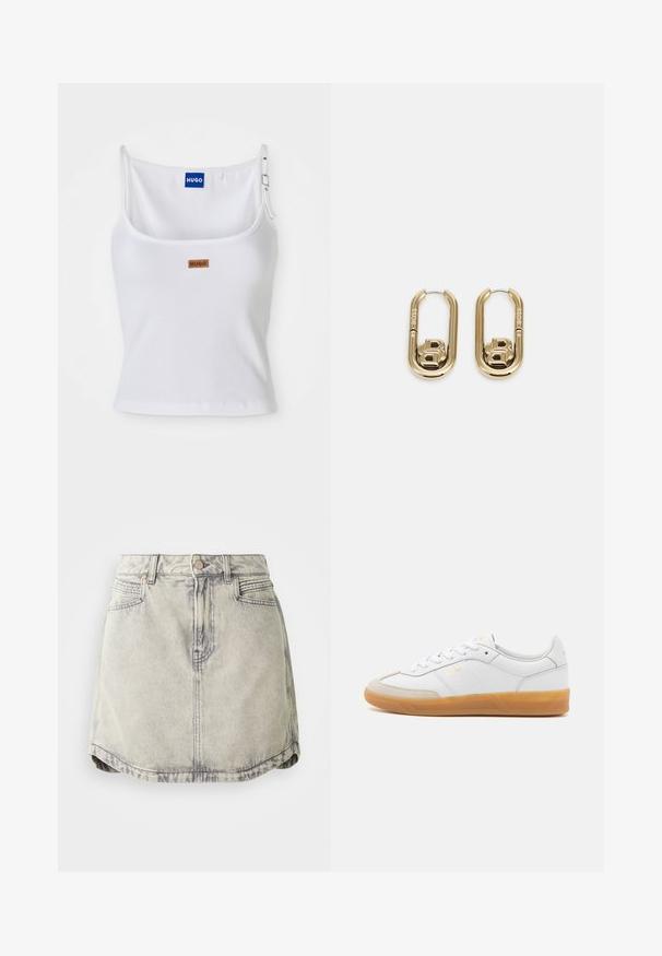 Valge nööriga tank top reguleeritavate rihmadega, millel on sinine logo silt ja väike pruun silt, valmistatud pehmest ja venivast materjalist.; Heledest hallist denimpüks, millel on kulunud tekstuur, nööbiga vöökoht, ees olevad taskud ja kergelt kõver hem.; Valge nahast tenniseking, millel on beeži luksusliku sameti detailid, kummi kummist tald ja seotud disain. Esitleb diskreetset kuldset brändimist.; BOSS DOUBLE B SWING - Kõrvarõngad - gold-coloured