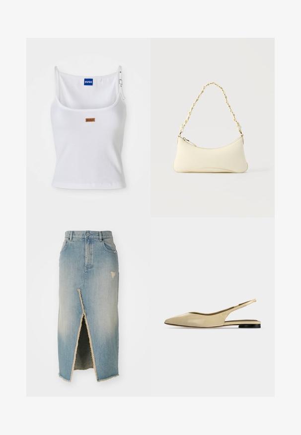 Hvid ribbet tanktop med justerbare stropper, der har et blåt logo-label og et lille brunt tag, fremstillet af blødt, strækbart materiale.; Denim nederdel, lyseblå, midtlængde med frayed kant. Har en frontslids og slidte detaljer nær taljen og kanten.; Beige spids tå slingback flad sko med lav sort hæl og en glat læderfinish, vist fra siden på en ensfarvet baggrund.; Lille cremefarvet taske med en kurvet form og fletet guldfarvet kæde som håndtag, lynlås lukning på toppen