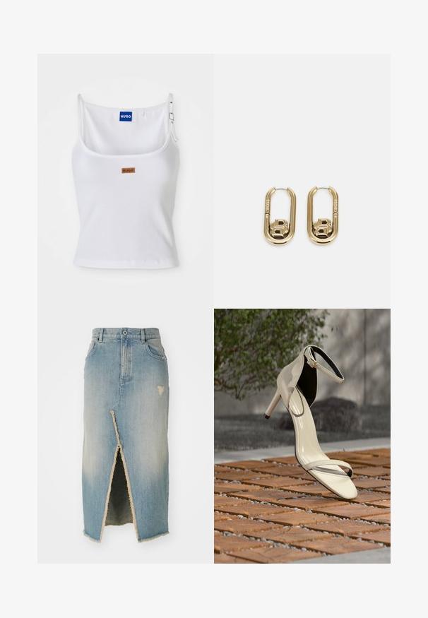 Hvid ribbet tanktop med justerbare stropper, der har et blåt logo-label og et lille brunt tag, fremstillet af blødt, strækbart materiale.; Denim nederdel, lyseblå, midtlængde med frayed kant. Har en frontslids og slidte detaljer nær taljen og kanten.; Beige sandal med høj hæl og ankelrem stående på træsplinter udendørs, med sløret grønt område og betonbaggrund.; BOSS DOUBLE B SWING - Øreringe - gold-coloured