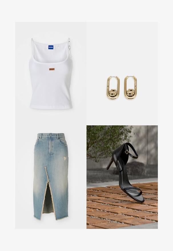 Hvid ribbet tanktop med justerbare stropper, der har et blåt logo-label og et lille brunt tag, fremstillet af blødt, strækbart materiale.; Denim nederdel, lyseblå, midtlængde med frayed kant. Har en frontslids og slidte detaljer nær taljen og kanten.; Sort højhælet sandal med ankelsnor, der ser ud til at svæve over et trægulv udendørs med sløret grønt og sten i baggrunden.; BOSS DOUBLE B SWING - Øreringe - gold-coloured