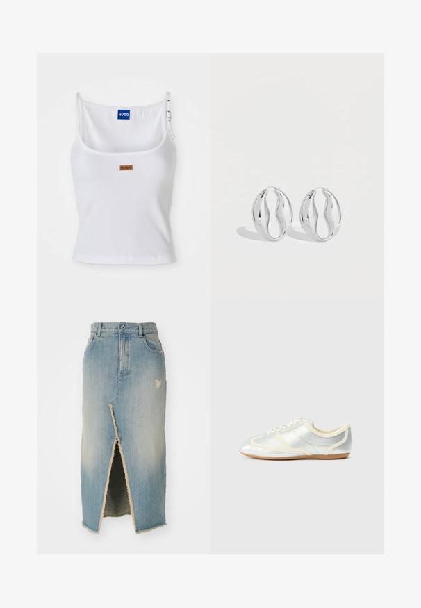 Hvid ribbet tanktop med justerbare stropper, der har et blåt logo-label og et lille brunt tag, fremstillet af blødt, strækbart materiale.; Denim nederdel, lyseblå, midtlængde med frayed kant. Har en frontslids og slidte detaljer nær taljen og kanten.; Sølvfarvede syntetiske sneakers med cremefarvede detaljer, lav profil, rundet snude og flad gummisål; har klassiske syninger og snørelukning.; Par af skinnende sølv hængende øreringe med et snoet, bølget design, vist på en ensfarvet lys baggrund.