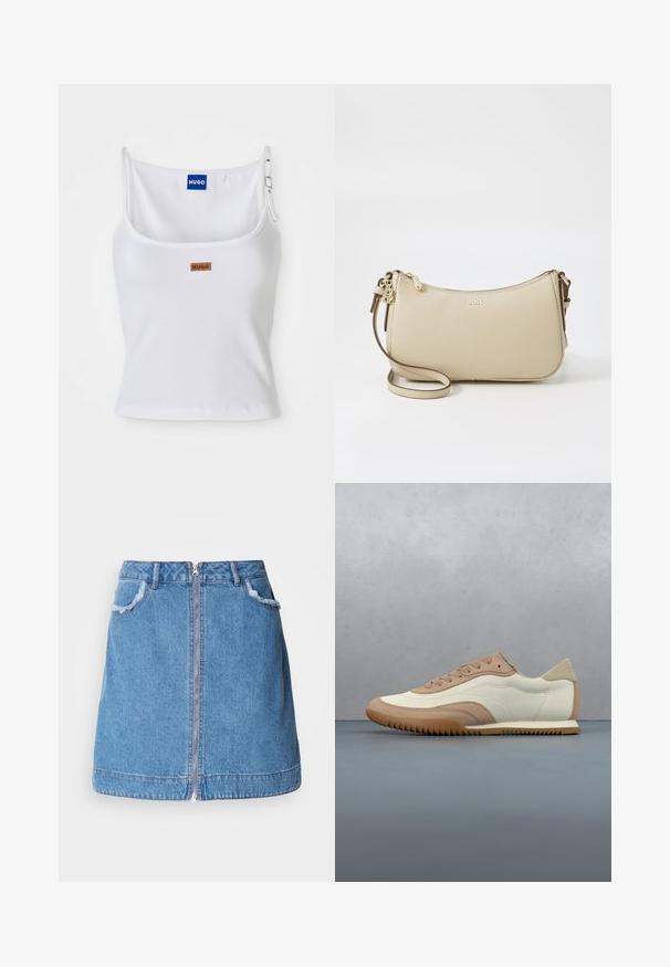 Hvid ribbet tanktop med justerbare stropper, der har et blåt logo-label og et lille brunt tag, fremstillet af blødt, strækbart materiale.; Lyseblå denim nederdel med en frontlynlås, flosset kant på lommerne og lige snit design. Kantlinjen er let buet.; Sneaker i creme og beige med tekstureret overdel, snørebånd og gummisål, vist oven på en træoverflade med småsten.; Beige læder crossbody taske med en buet form, gyldne metaldele, lynlås lukning, og en justerbar rem. "BOSS" logo prægede foran.