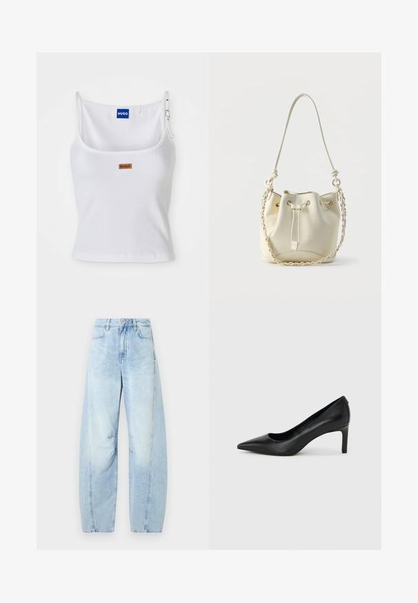 Débardeur blanc côtelé avec bretelles réglables, arborant une étiquette logo bleue et une petite étiquette marron, fabriqué en tissu doux et extensible.; Jean large en denim bleu clair à taille haute, avec un bouton de fermeture, des poches avant et un léger dégradé.; Escarpin à bout pointu en cuir noir avec un talon fin de hauteur moyenne sur un fond gris clair uni.; Sac seau en cuir crème avec fermeture à cordon, chaîne tressée et bandoulière en cuir, ainsi que des œillets dorés.