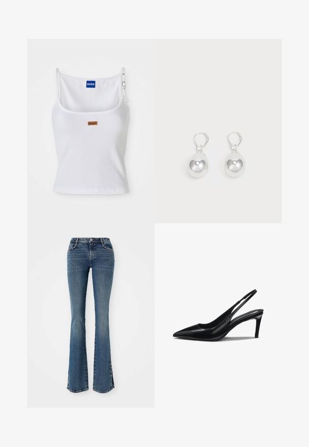 Débardeur blanc côtelé avec bretelles réglables, arborant une étiquette logo bleue et une petite étiquette marron, fabriqué en tissu doux et extensible.; Jean flare bleu foncé à taille ajustée et coutures détaillées, comportant des accents en clous le long des coutures latérales et une texture en denim classique.; Chaussure à talon haut en cuir noir à bout pointu avec un talon aiguillon fin et une bride étroite autour du talon.; Boucles d'oreilles en argent en forme de goutte avec des surfaces lisses, rondes et réfléchissantes, suspendues à des fermoirs à ressort. L'arrière-plan est blanc uni.