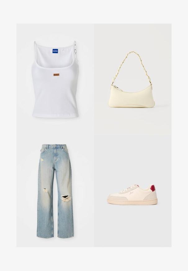 Weißes, geripptes Tanktop mit verstellbaren Trägern, ausgestattet mit einem blauen Logolabel und einem kleinen braunen Etikett, gefertigt aus weichem, dehnbarem Material.; Hellblaue, gerade geschnittene Jeans mit hoher Taille, Gürtelschlaufen und ausgefransten Rissen am linken Oberschenkel, rechten Knie und unteren linken Bein.; Weiße und beige Sneaker mit glattem Lederobermaterial, Wildleder-Akzenten, hellrosa Schnürsenkeln und rotem Fersenlasche. Dezentes Logo an der Seite.; Kleine handtasche in Cremefarben mit geschwungener Form und geflochtenem, goldfarbenem Kettenhenkel, Reißverschluss oben