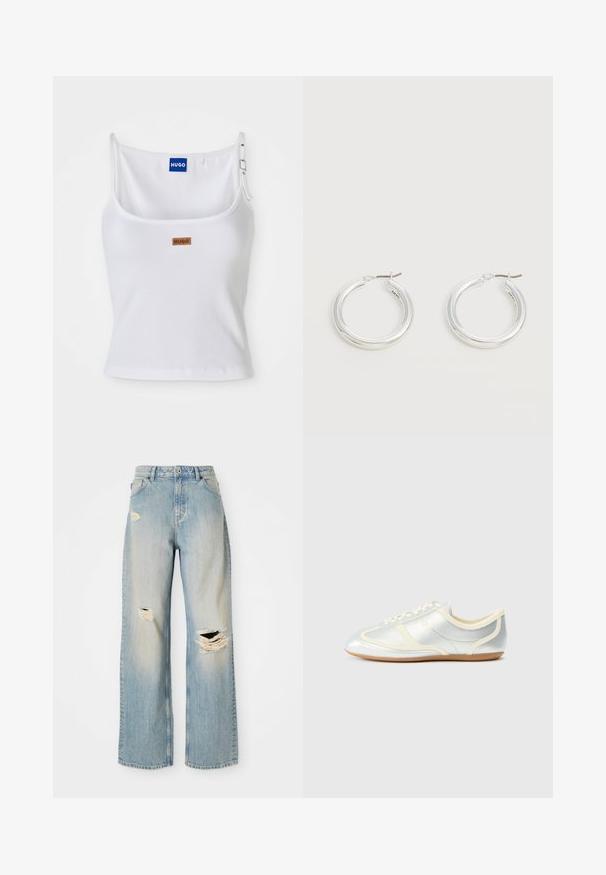 Weißes, geripptes Tanktop mit verstellbaren Trägern, ausgestattet mit einem blauen Logolabel und einem kleinen braunen Etikett, gefertigt aus weichem, dehnbarem Material.; Hellblaue, gerade geschnittene Jeans mit hoher Taille, Gürtelschlaufen und ausgefransten Rissen am linken Oberschenkel, rechten Knie und unteren linken Bein.; Silberne, synthetische Sneaker mit cremefarbenen Akzenten, flachem Profil, rundem Zehenbereich und flacher Gummisohle; verfügt über klassische Nahtdetails und Schnürverschluss.; Paar mittelgroße glänzende silberne Hoop-Ohrringe mit dünnen Metallverschlüssen auf hellem neutralem Hintergrund.