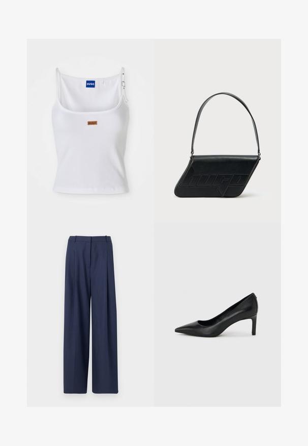 Witte geribde tanktop met verstelbare bandjes, voorzien van een blauw logo label en een klein bruin label, gemaakt van een zachte, rekbare stof.; Navyblauwe wijde broek gemaakt van een gestructureerde stof, met een geplooide voorkant en een gestructureerde tailleband met riemlussen.; Zwarte leren pumps met een spits toelopende neus en een slanke, middelhoog hak, afgebeeld tegen een effen lichtgrijze achtergrond.; Zwarte leren schoudertas met een driehoekige vorm, geperst logo en een enkele verstelbare riem. Minimalistisch ontwerp met een gladde textuur.